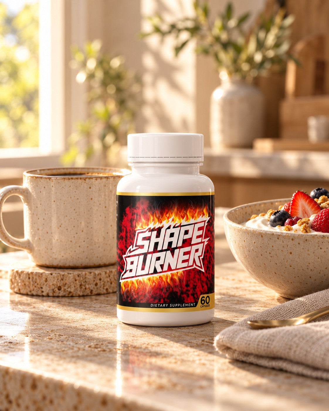 Shape Burner bottle on a breakfast table next to a bowl of yogurt and berries