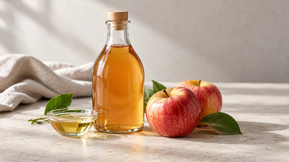 Apple cider vinegar with apples and a small dish of oil