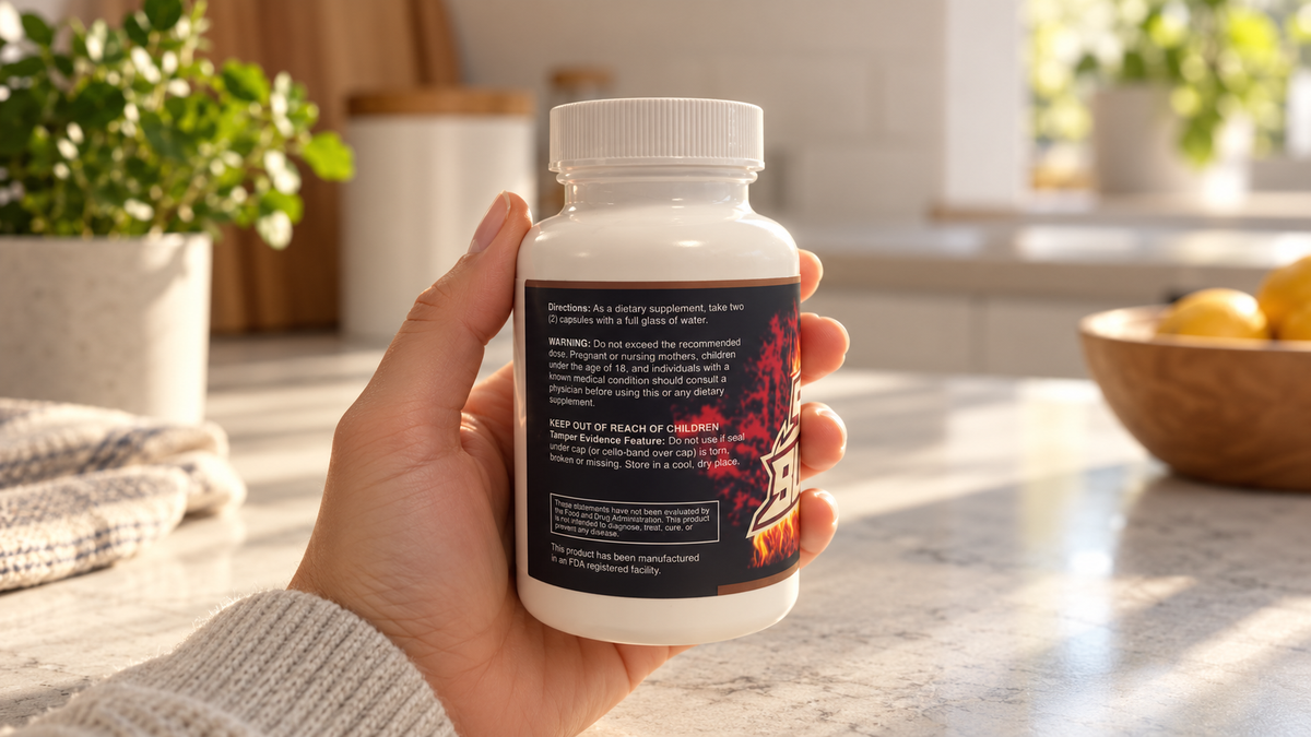 Hand holding a Shape Burner bottle with the supplement facts label facing the camera
