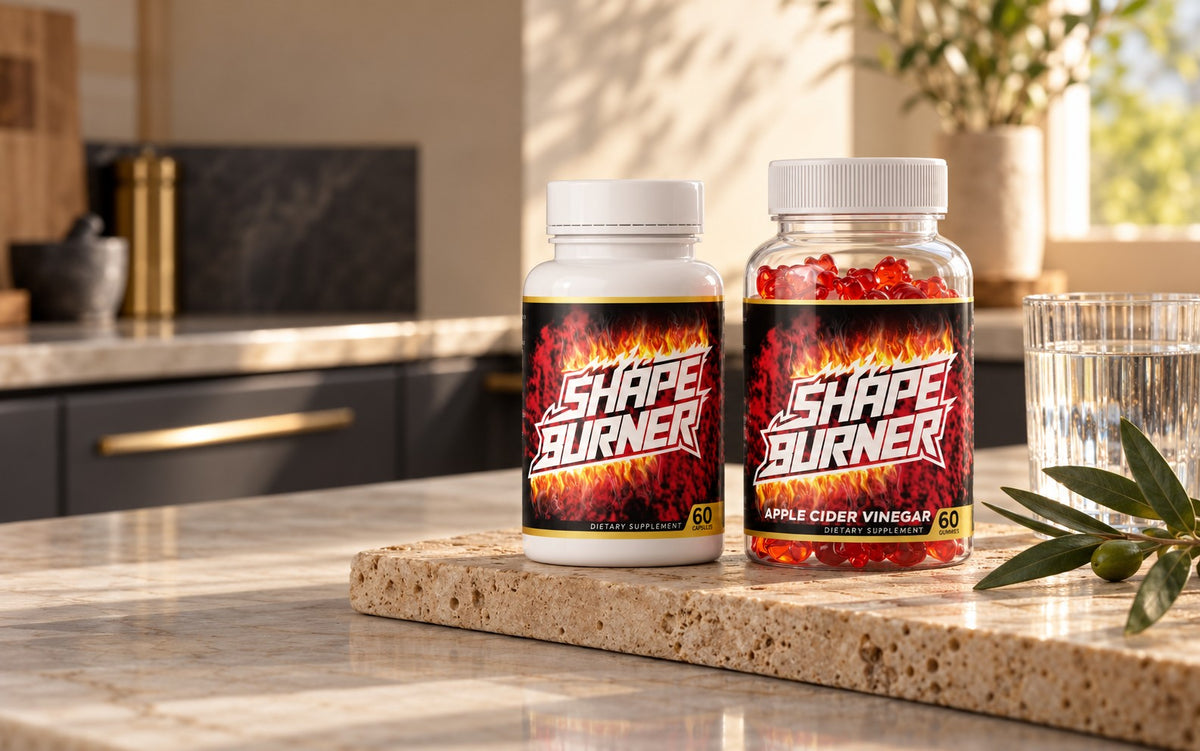 Shape Burner capsules and apple cider vinegar gummies on a kitchen counter