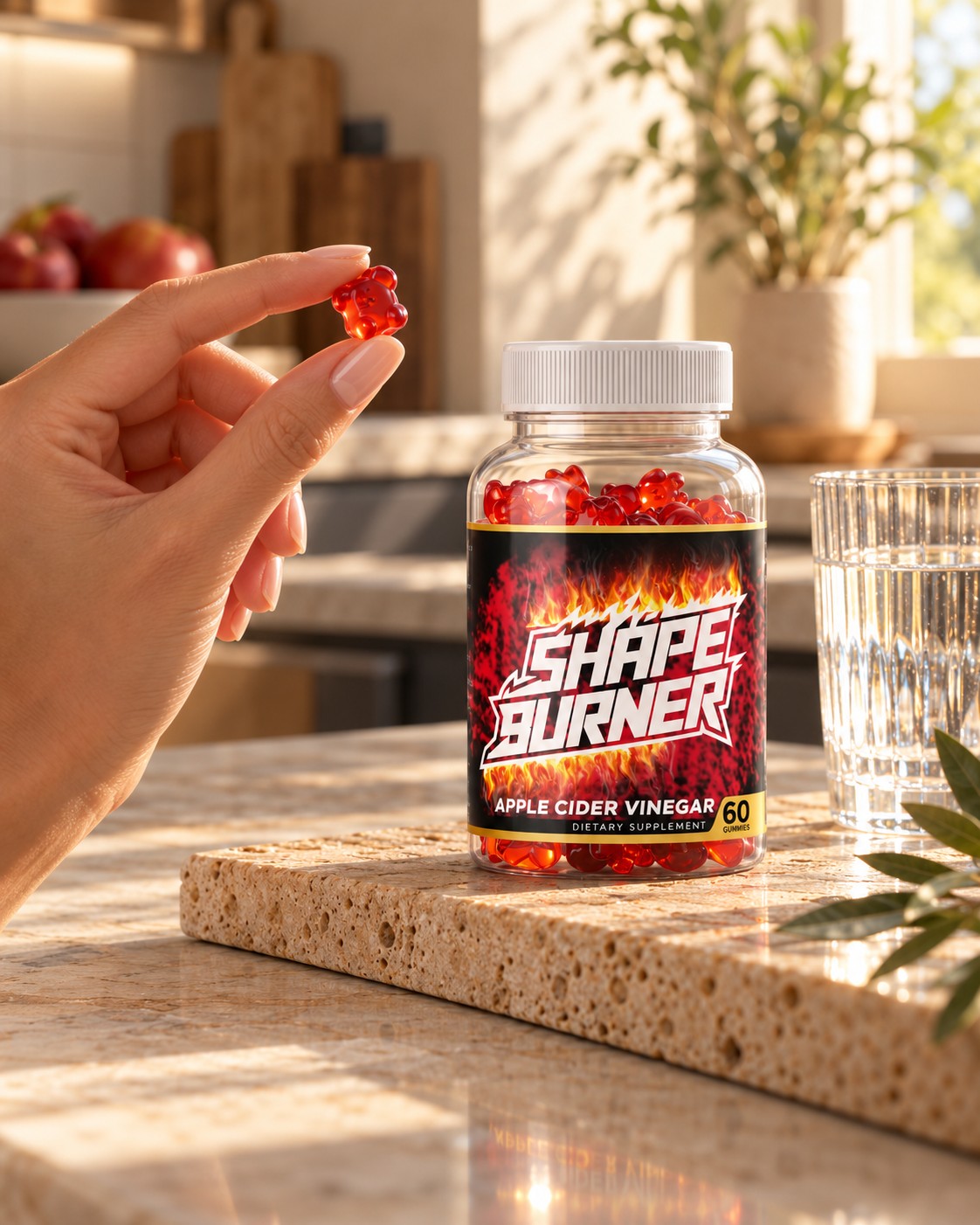 Hand holding a Shape Burner apple cider vinegar gummy