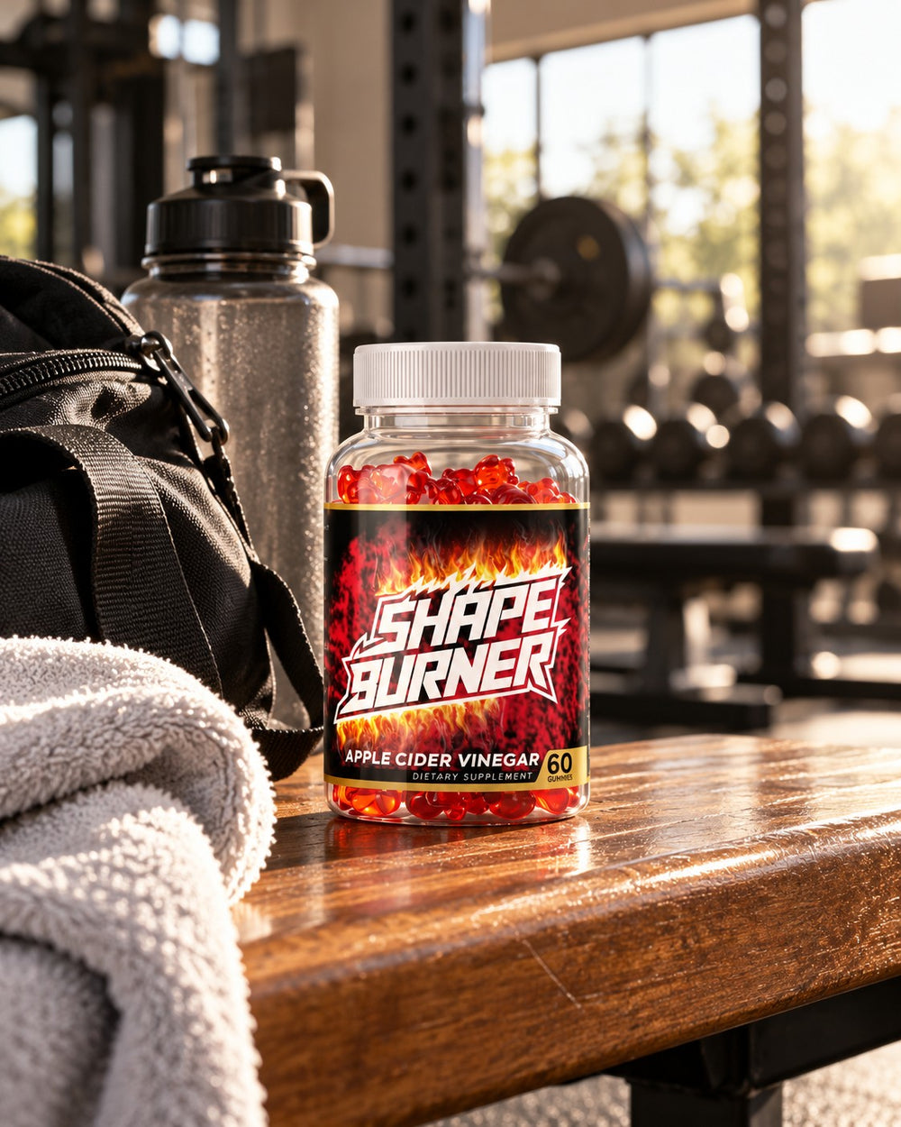 Shape Burner apple cider vinegar gummies on a gym bench
